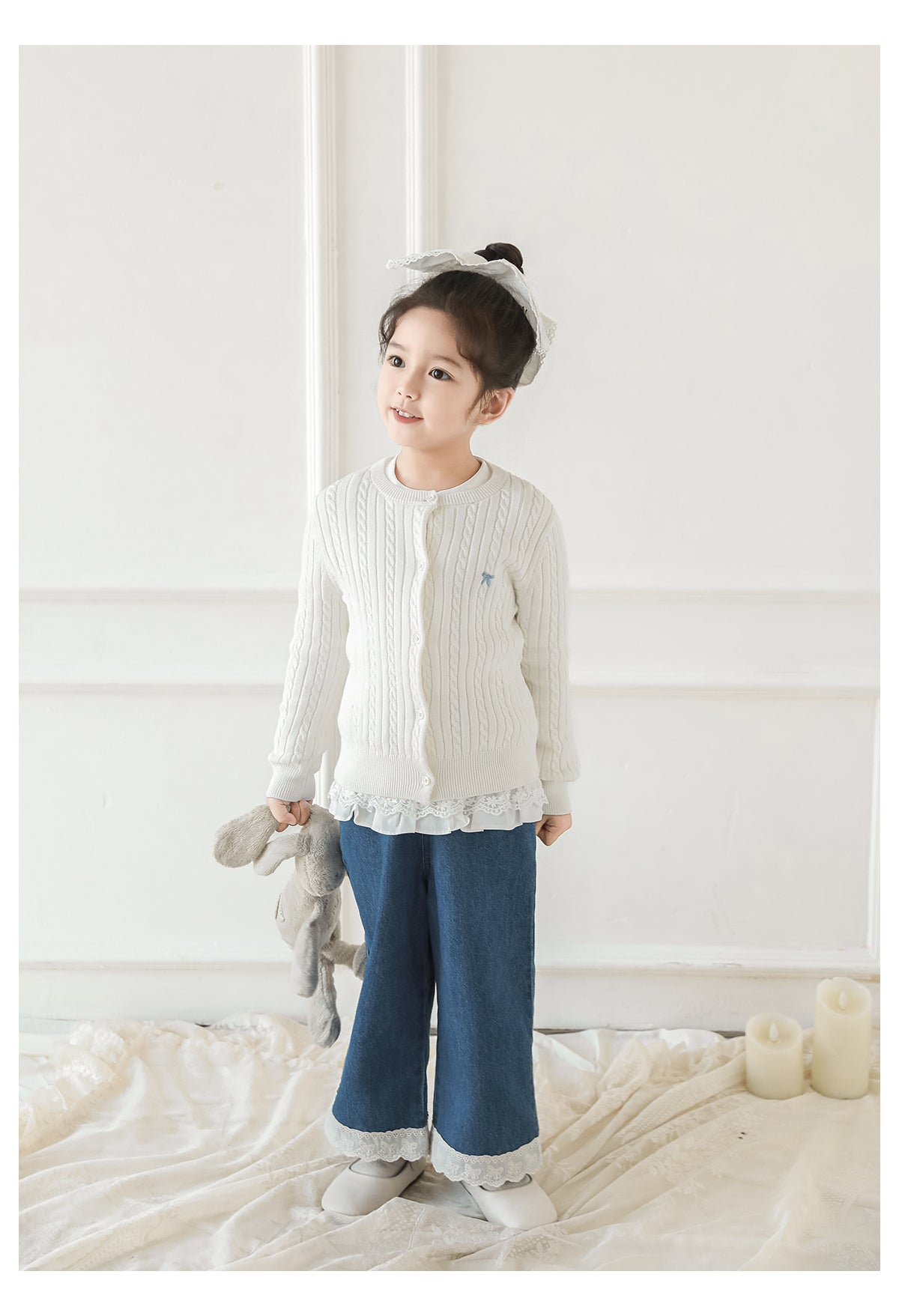 Girls Bow Embroidered Cable Knit Cardigan, Ivory