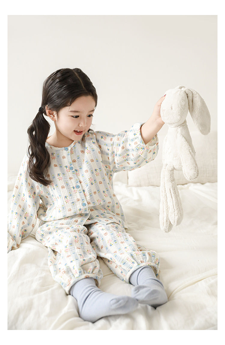 Girls Cotton Muslin Pyjama & Lounge Set, Bear & Floral Stripe