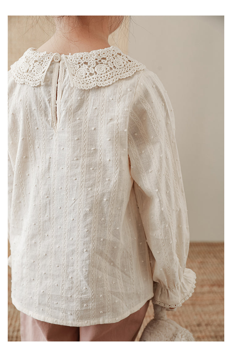 Back view of elegant girls blouse with lace details and button at the back