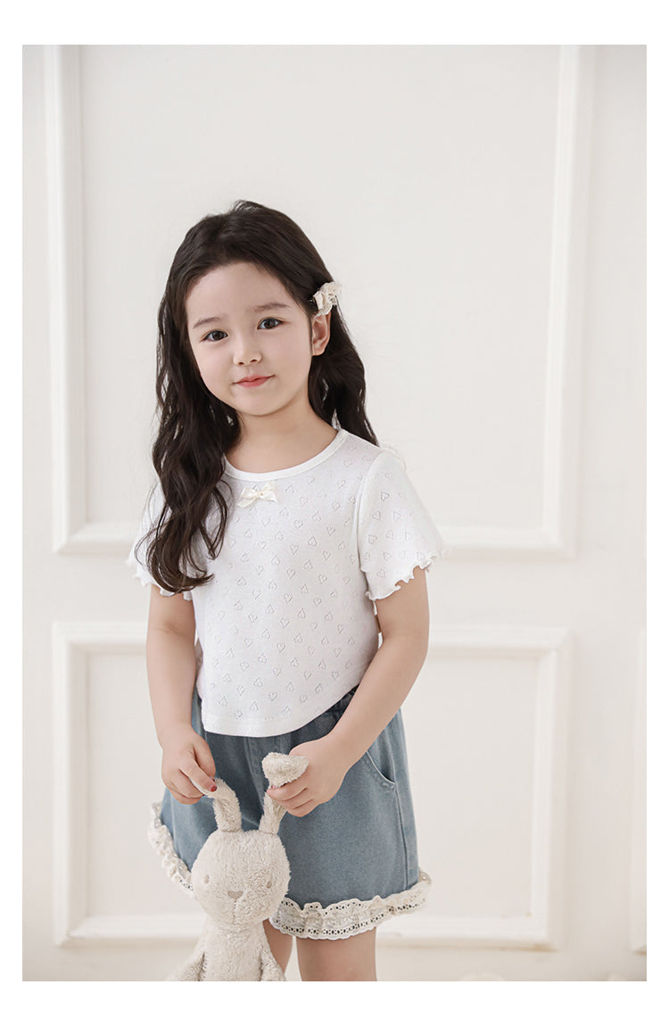 Girls Heart Pointelle Cropped T-Shirt, White