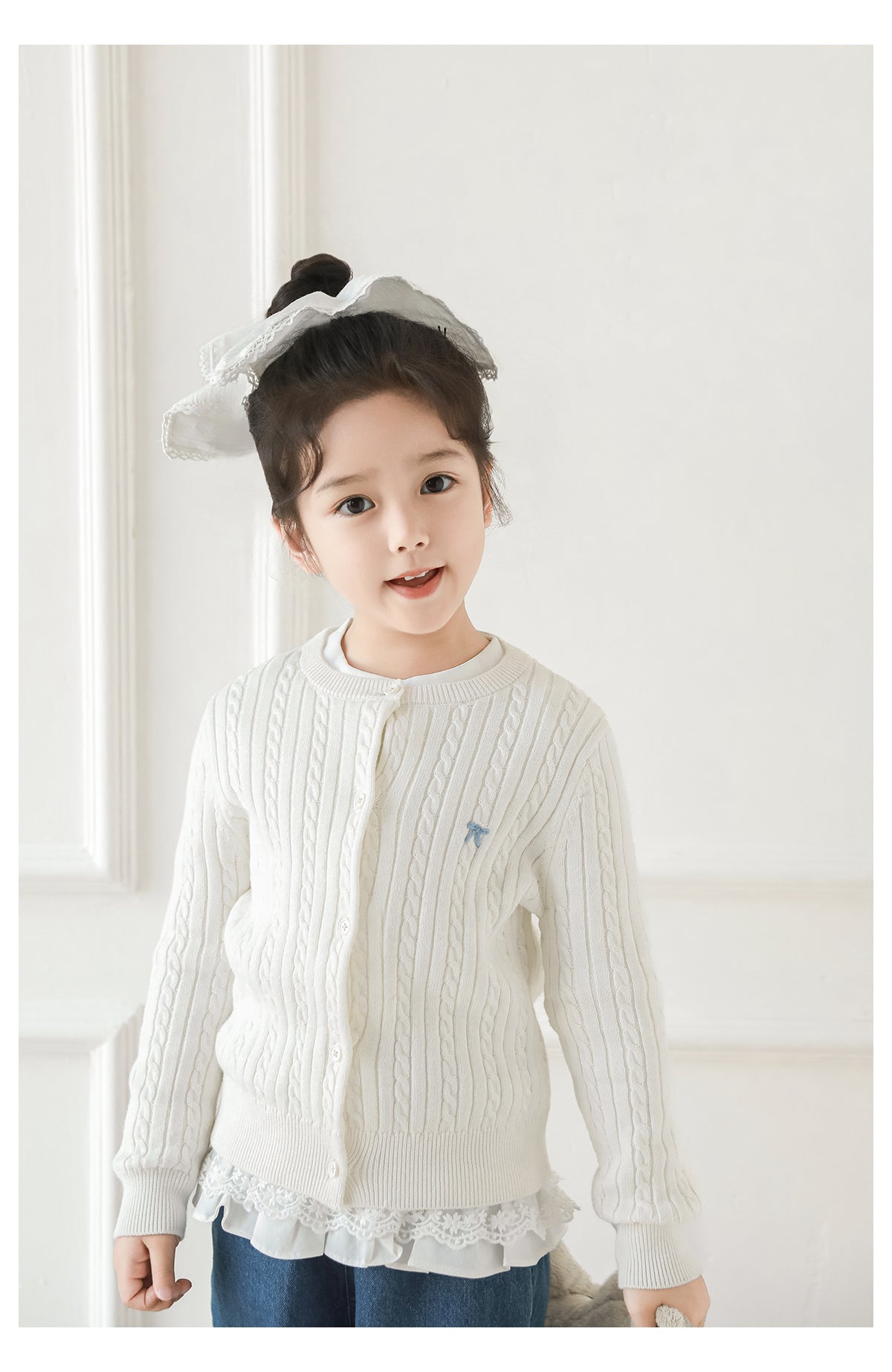 Girls Bow Embroidered Cable Knit Cardigan, Ivory