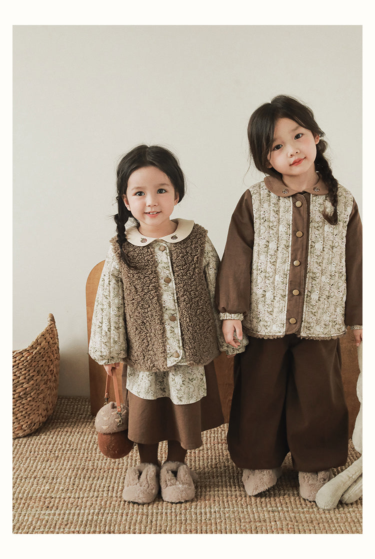 Girls Reversible Padded Teddy Coat, Cocoa Floral