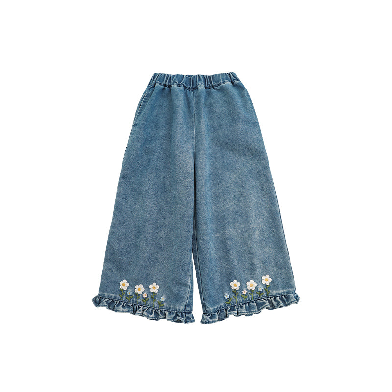 Girls wide-leg jeans with floral embroidery and ruffle accents
