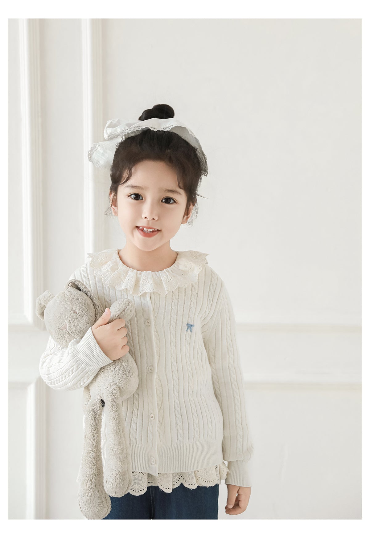 Girls Bow Embroidered Cable Knit Cardigan, Ivory