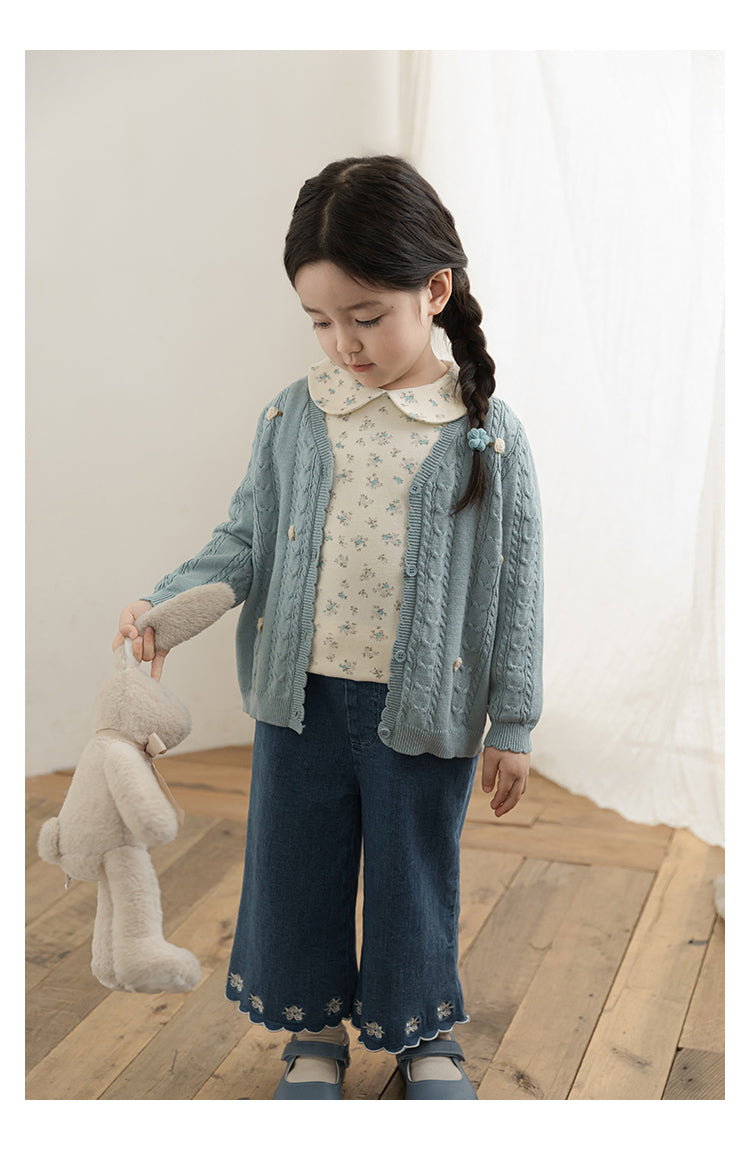 Baby Girl Floral Crochet Cable Knit Cardigan, Powder Blue
