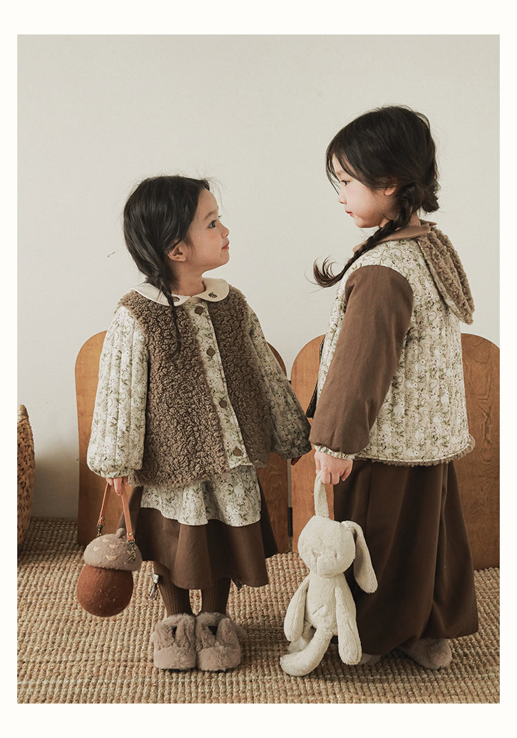 Girls Reversible Padded Teddy Coat, Cocoa Floral