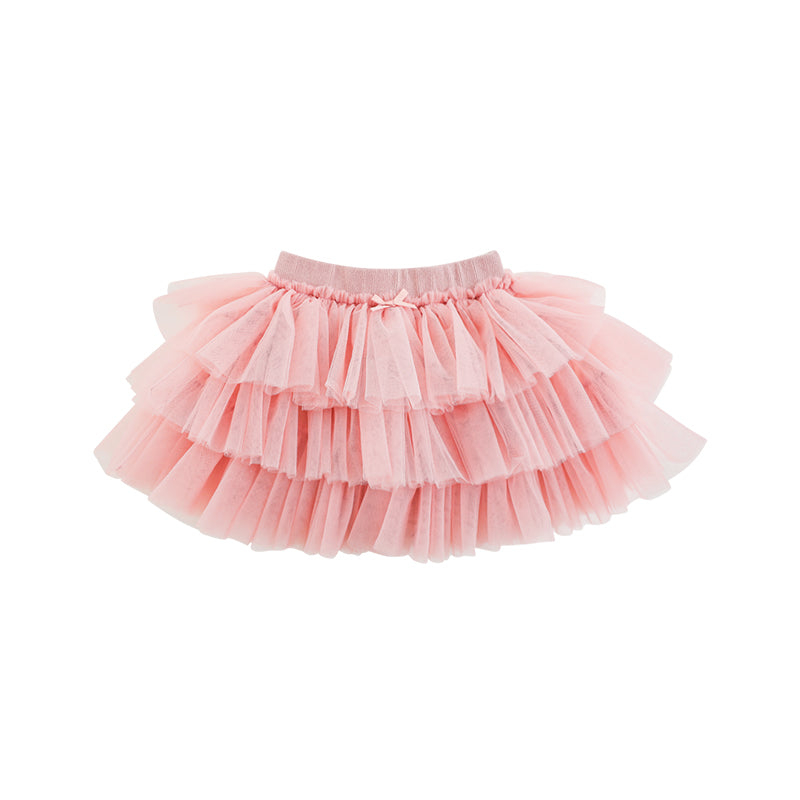 Girls layered mesh mini tutu skirt with pink ribbon