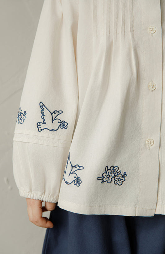 Embroidered Pintuck Blouse, Ivory