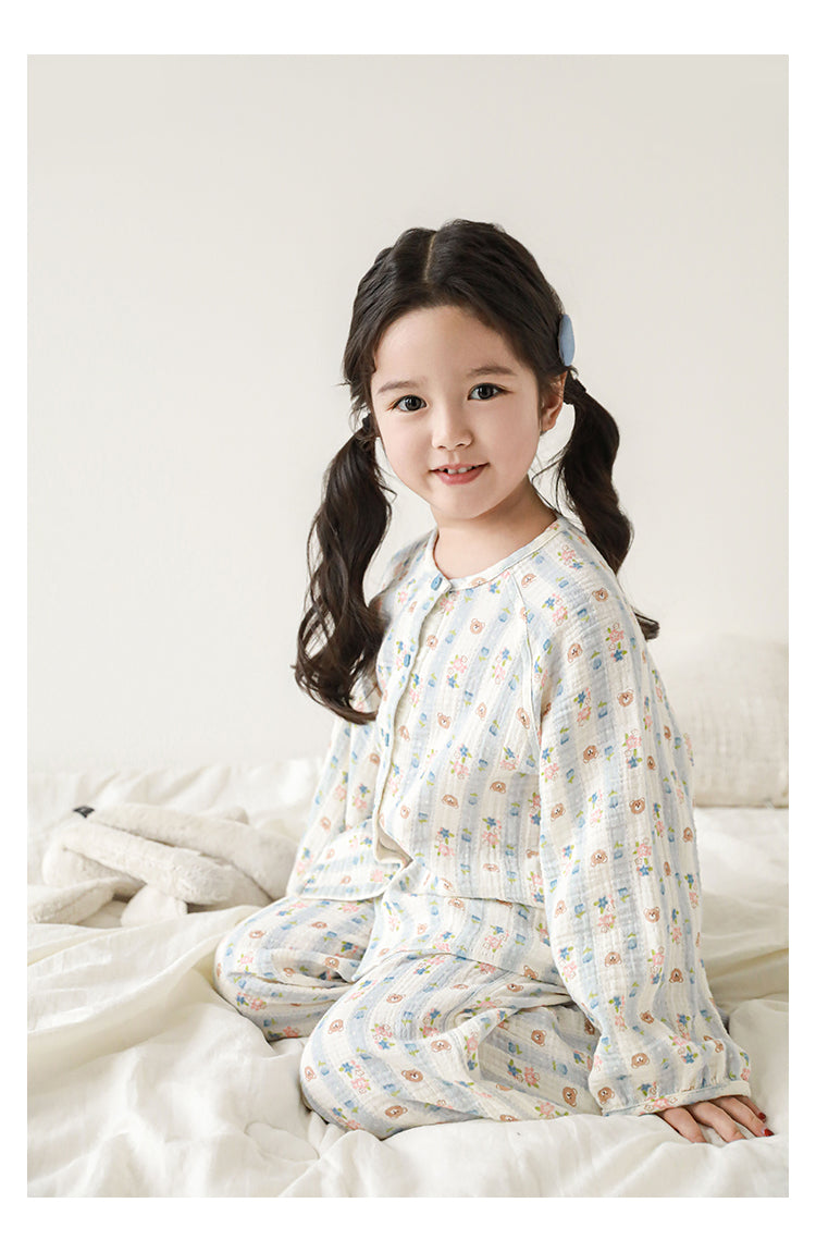 Girls Cotton Muslin Pyjama & Lounge Set, Bear & Floral Stripe