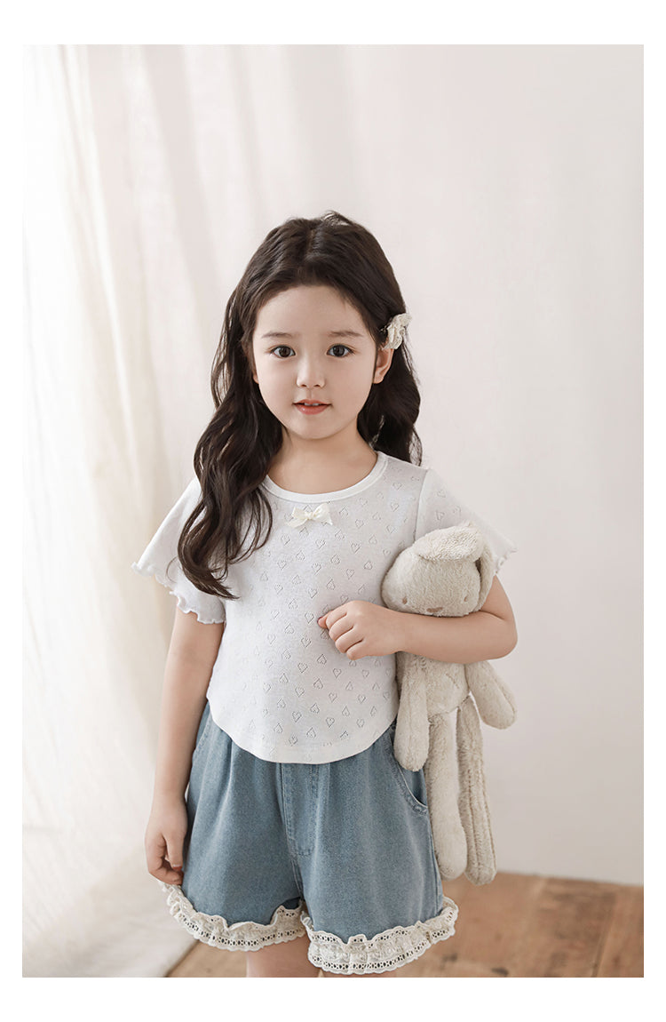 Girls Heart Pointelle Cropped T-Shirt, White