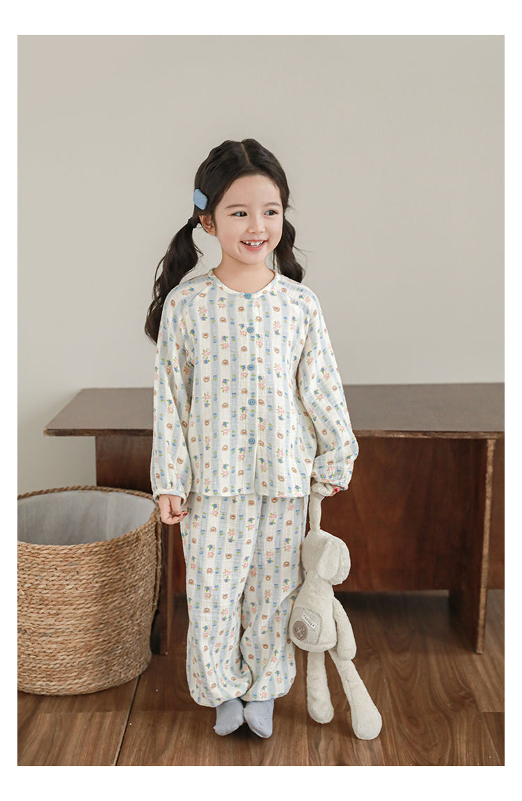 Girls Cotton Muslin Pyjama & Lounge Set, Bear & Floral Stripe