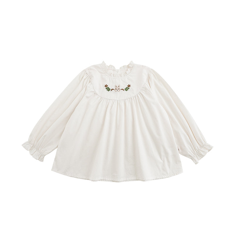 Pleated cotton blouse with delicate bunny embroidery