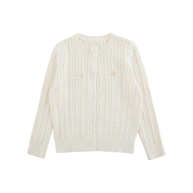 Girls cream cable knit cardigan with embroidery