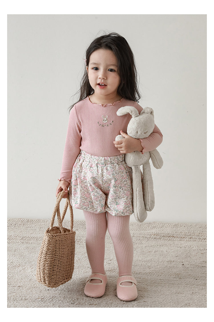 Baby Girl Bunny Embroidered Ribbed Top, Dusty Pink