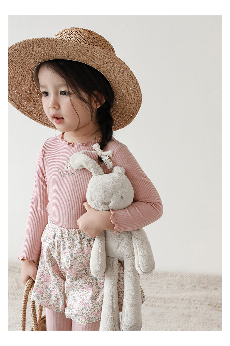 Baby Girl Bunny Embroidered Ribbed Top, Dusty Pink