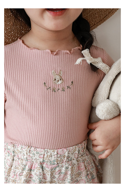 Baby Girl Bunny Embroidered Ribbed Top, Dusty Pink