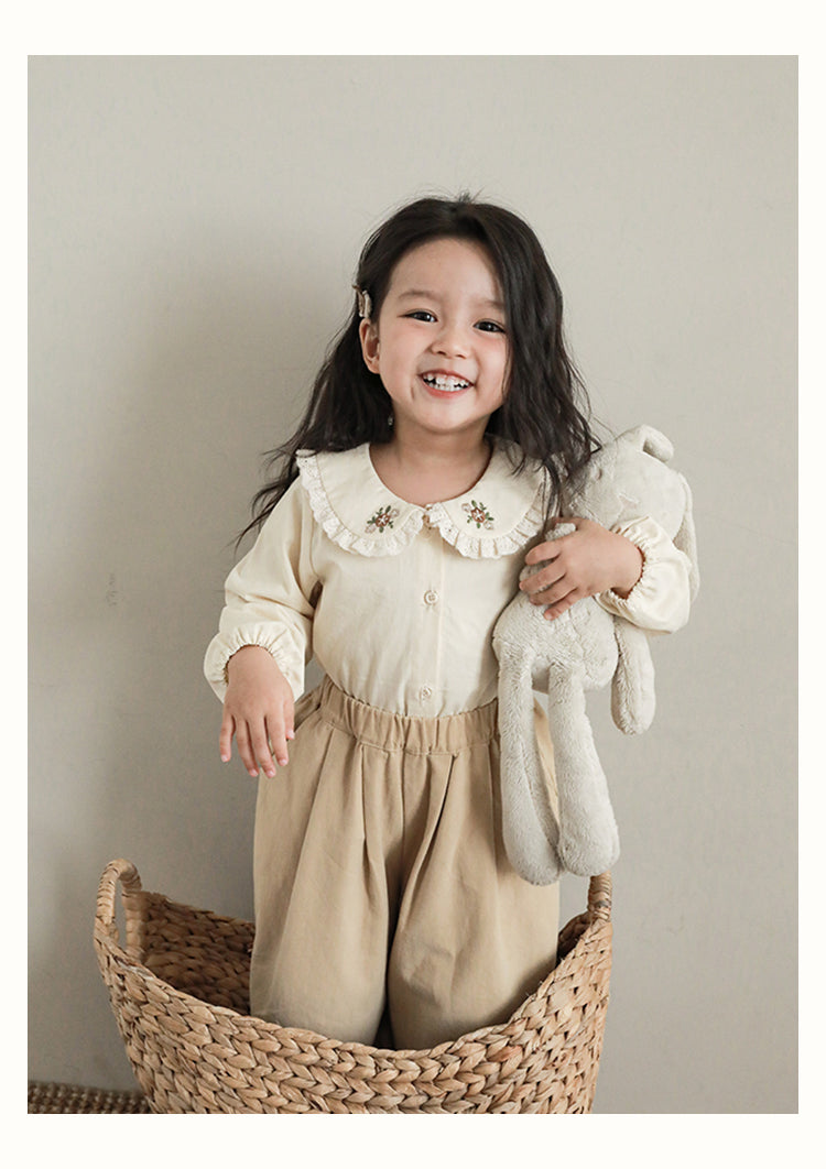 Girls Embroidered Collar Button-Down Blouse, Buttermilk