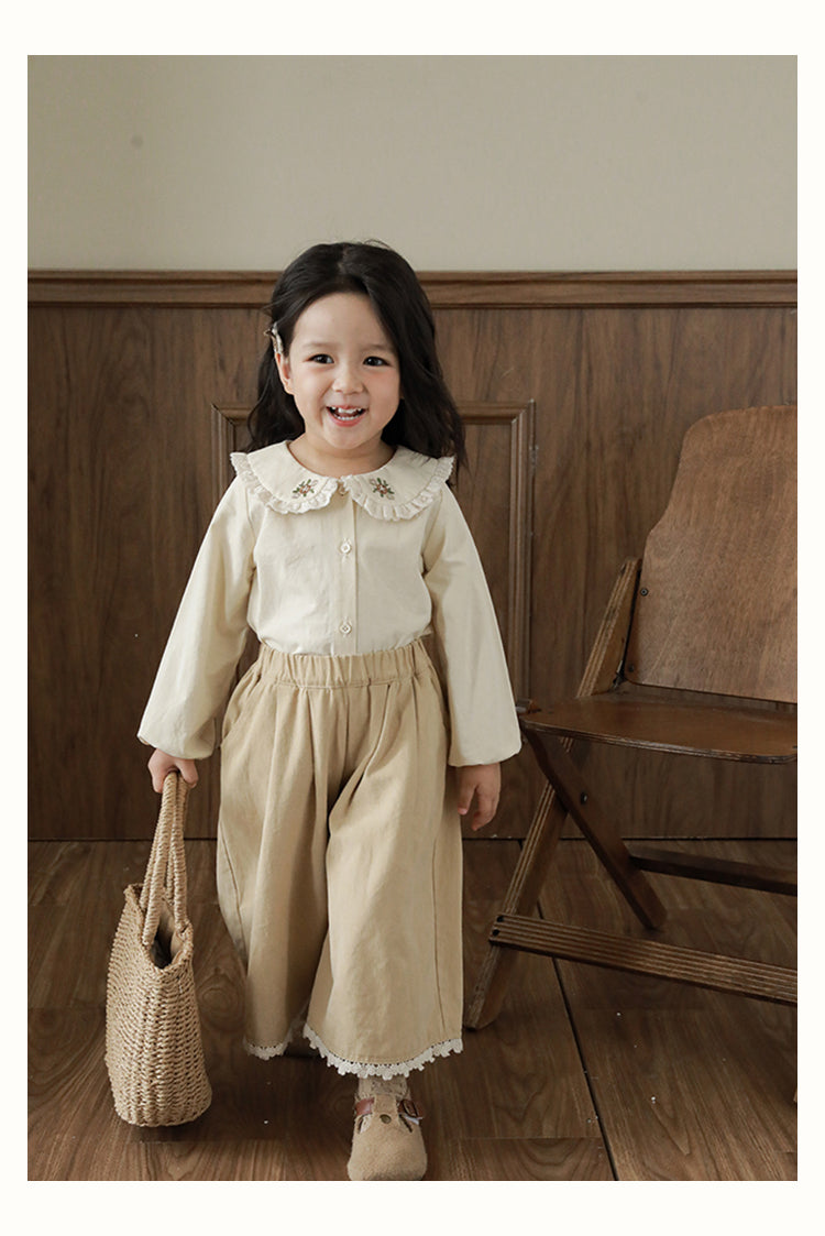 Girls Embroidered Collar Button-Down Blouse, Buttermilk
