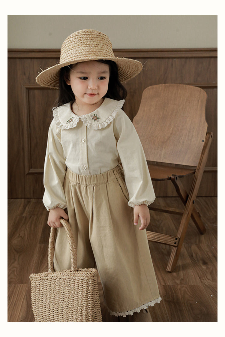 Girls Embroidered Collar Button-Down Blouse, Buttermilk
