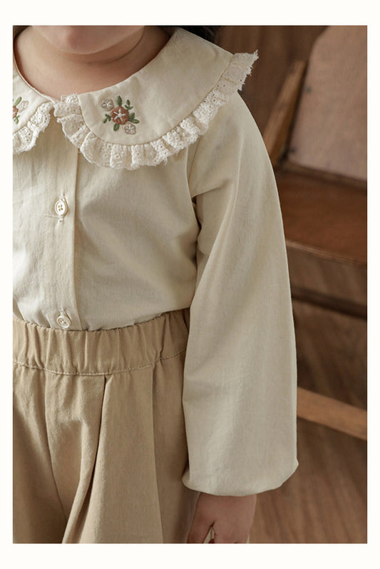 Girls Embroidered Collar Button-Front Blouse, Buttercream
