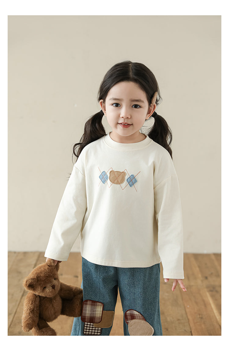 Girls Bear Patch Long Sleeve Top, Ivory White