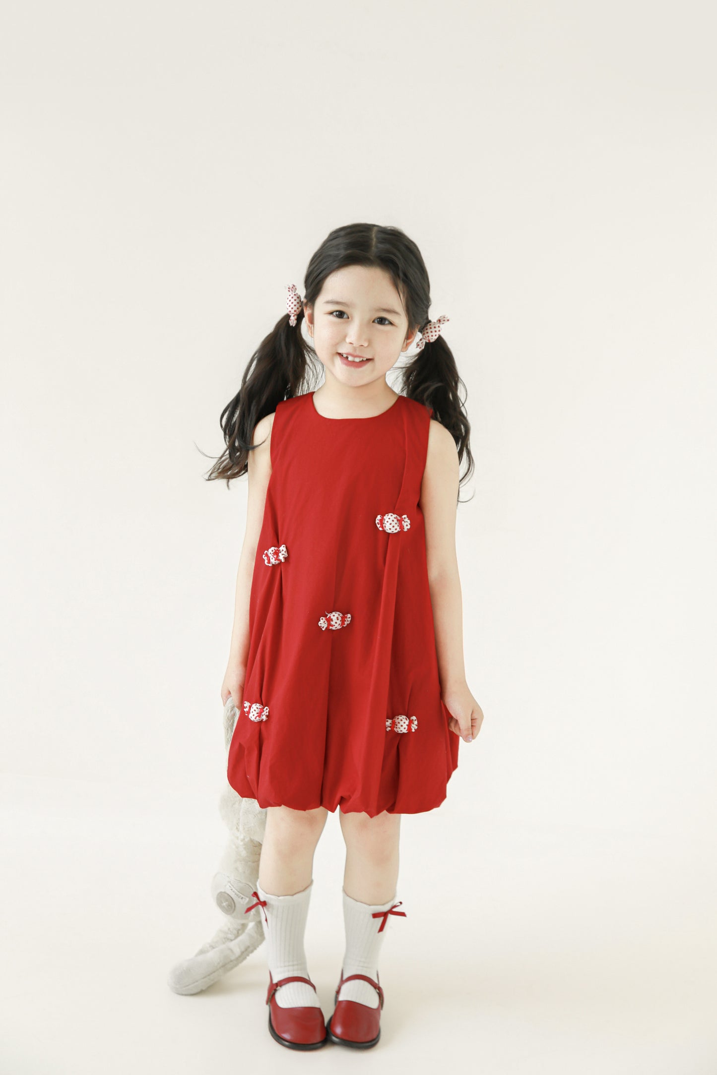 Girls Bubble Hem Candy Bow Dress, Berry Red