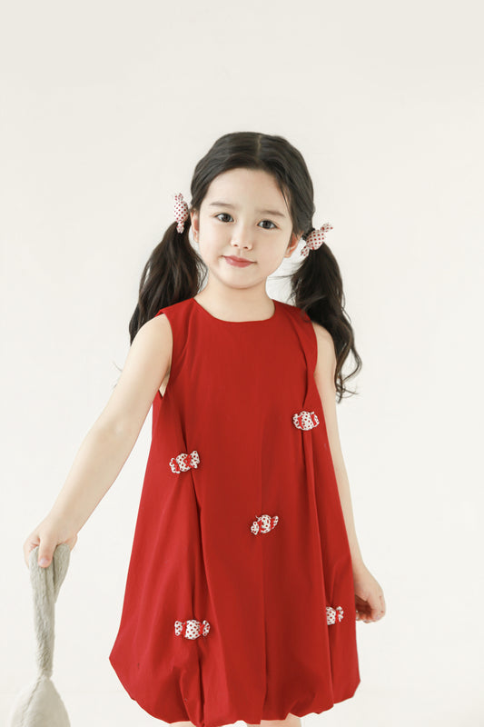 Girls Bubble Hem Candy Bow Dress, Berry Red