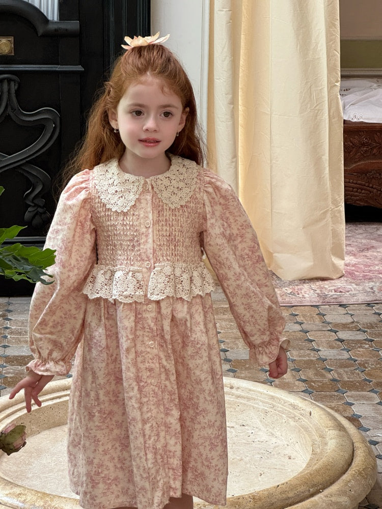 Girls Lace Collar Smocked Dress, Pink Floral
