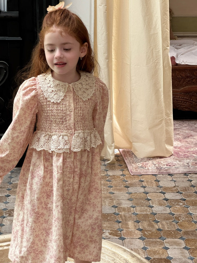 Girls Lace Collar Smocked Dress, Pink Floral