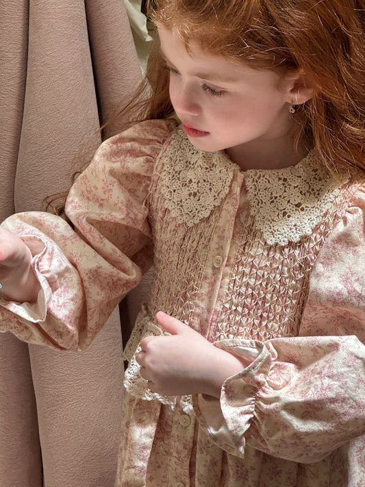 Girls Lace Collar Smocked Dress, Pink Floral