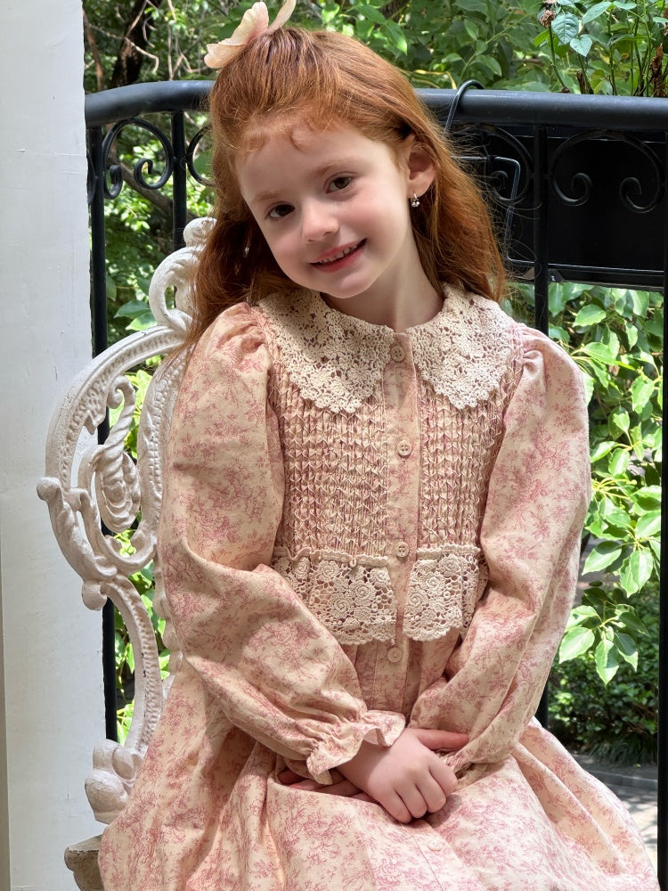 Girls Lace Collar Smocked Dress, Pink Floral