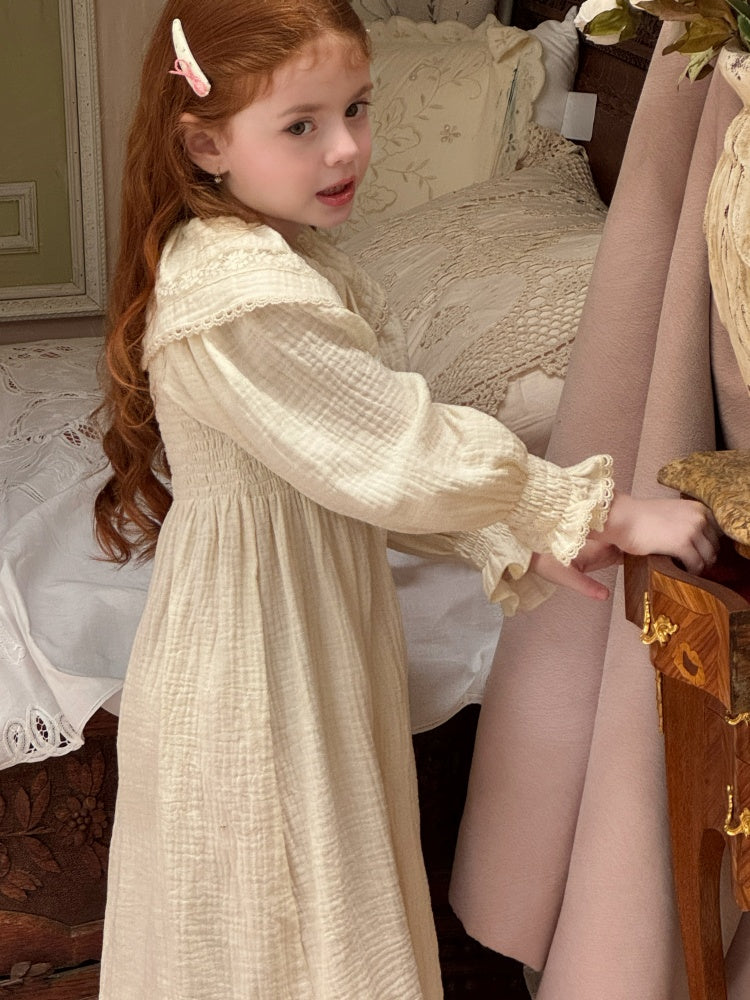 Girls Lace Collar Smocked Muslin Dress, Ivory