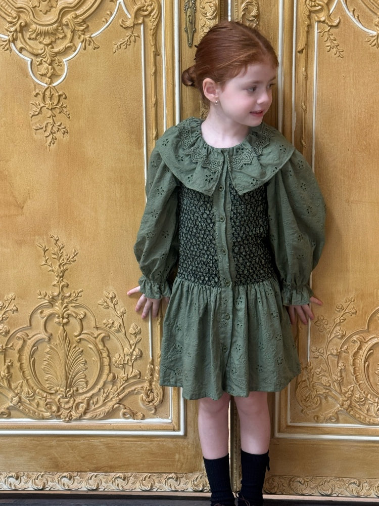 Girls Smocked Broderie Button-Front Dress, Moss Green