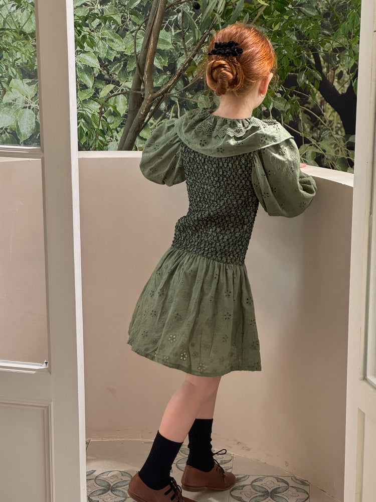 Girls Smocked Broderie Button-Front Dress, Moss Green