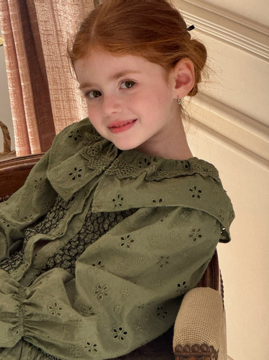 Girls Smocked Broderie Button-Front Dress, Moss Green