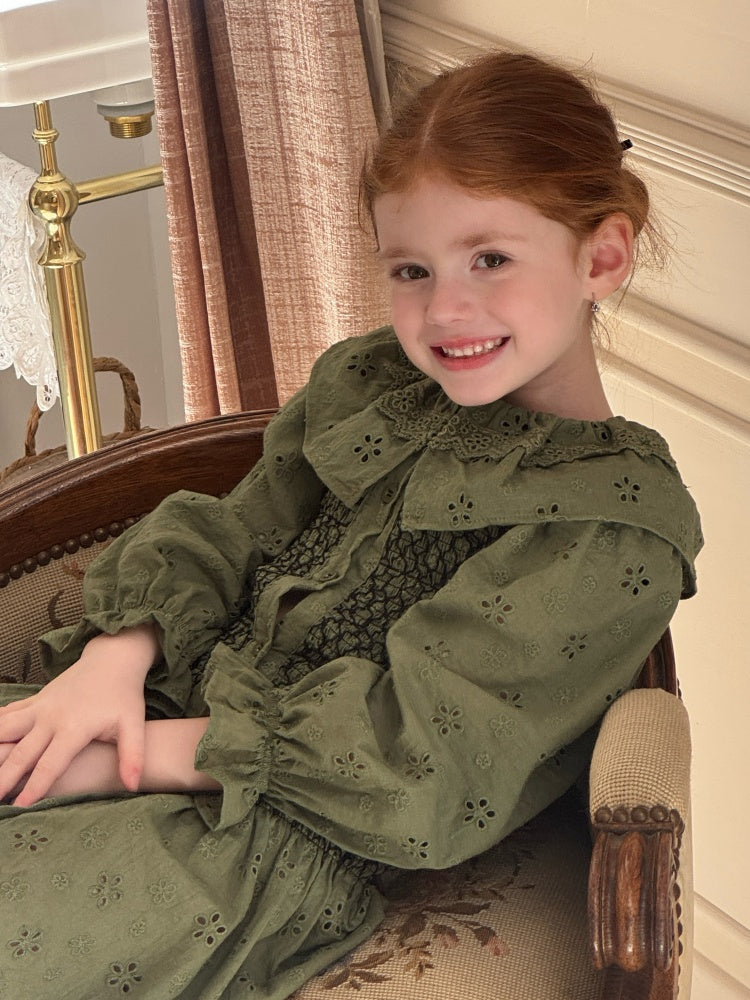 Girls Smocked Broderie Button-Front Dress, Moss Green