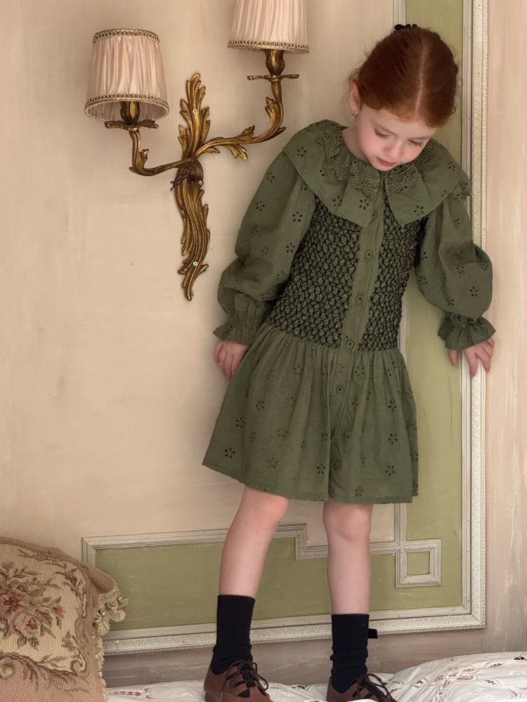 Girls Smocked Broderie Button-Front Dress, Moss Green