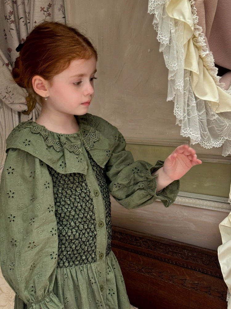 Girls Smocked Broderie Button-Front Dress, Moss Green