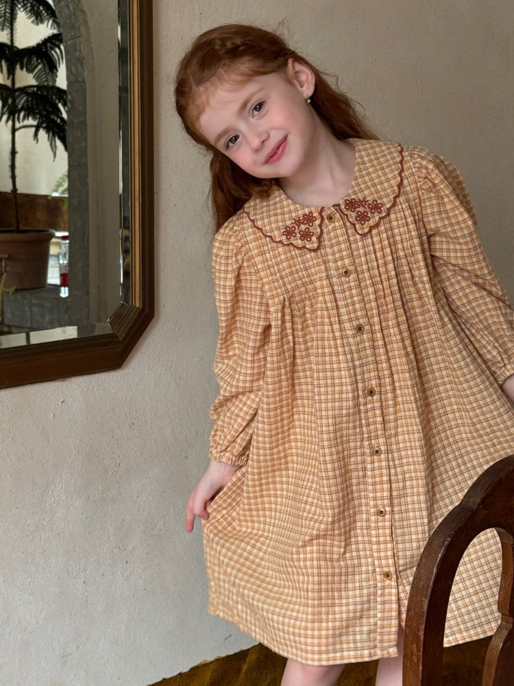 Girls Embroidered Collar Plaid Dress, Peach & Cream