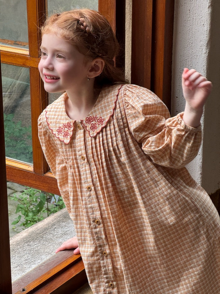 Girls Embroidered Collar Plaid Dress, Peach & Cream