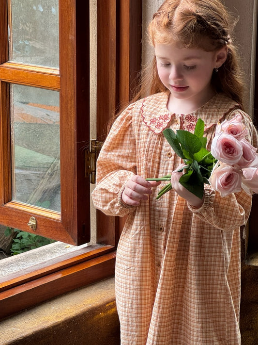 Girls Embroidered Collar Shirt Dress, Peach & Cream