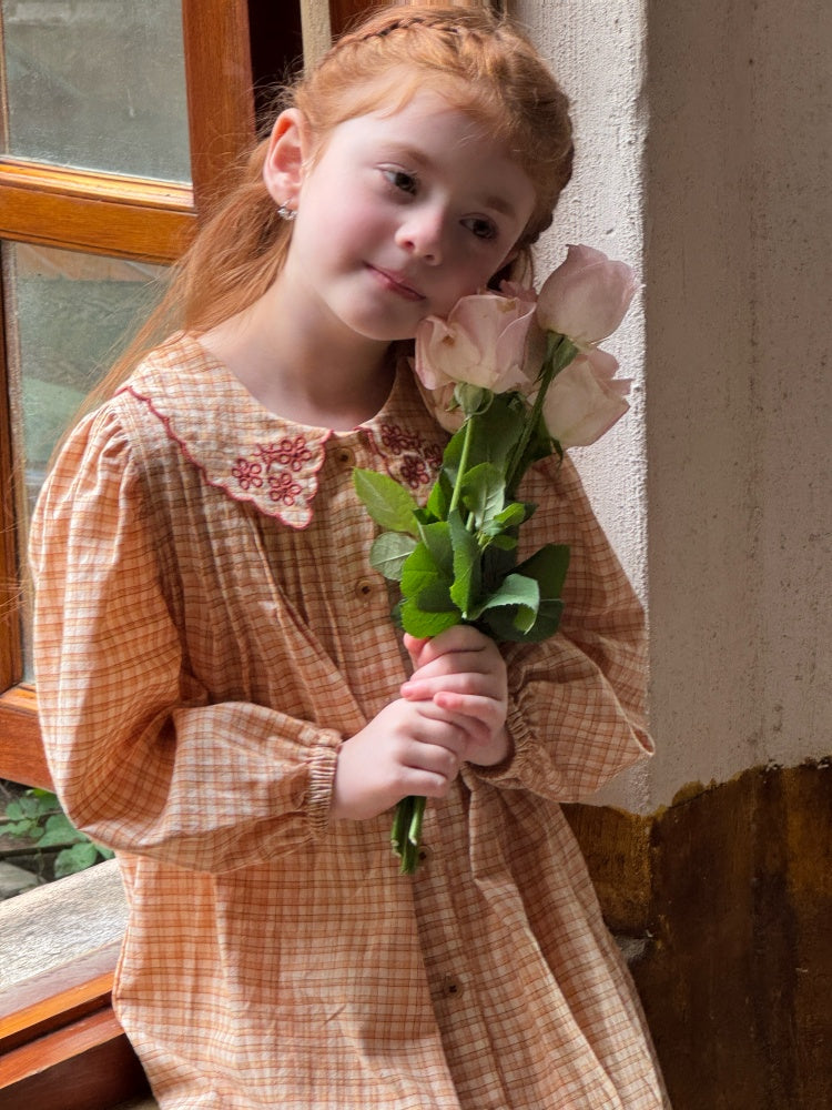 Girls Embroidered Collar Plaid Dress, Peach & Cream