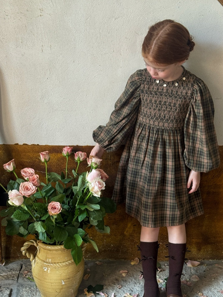 Girls Smocked Plaid Dress, Olive & Beige
