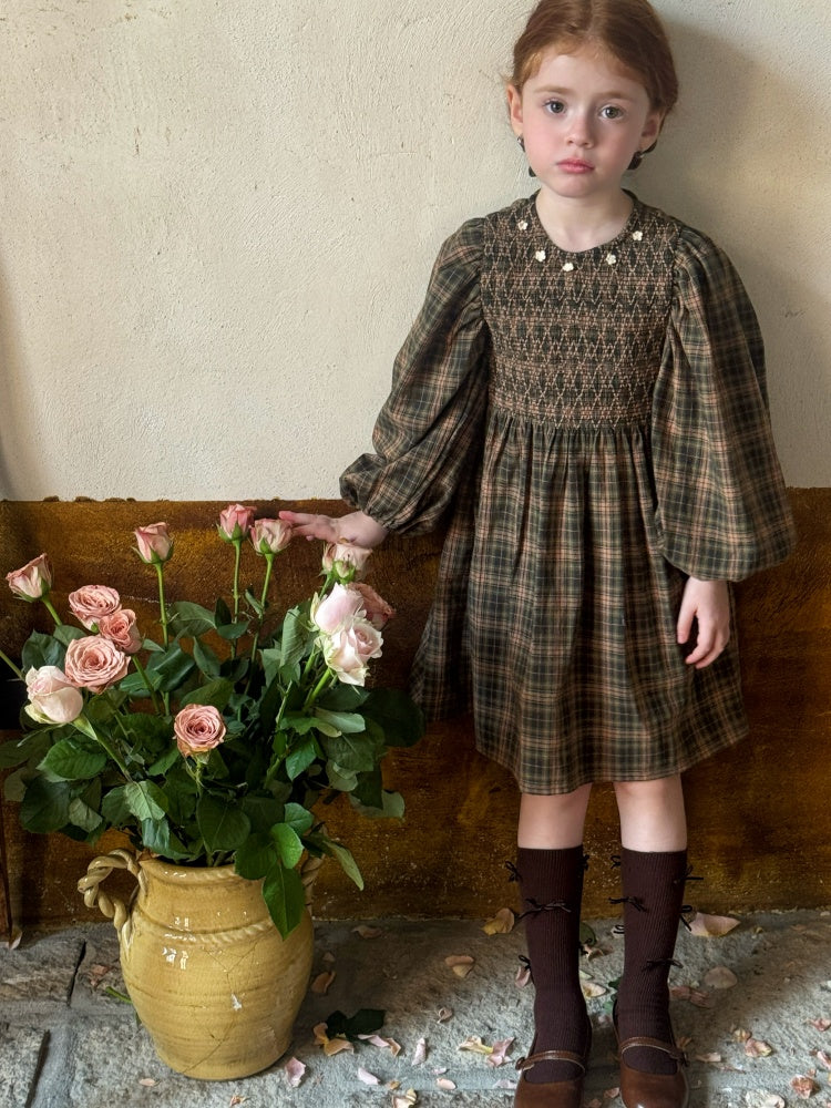 Girls Smocked Plaid Dress, Olive & Beige