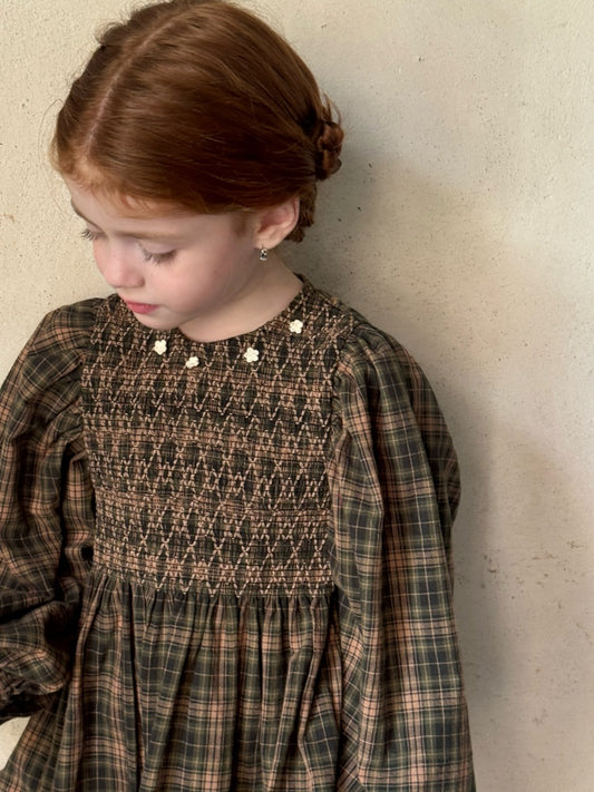 Girls Smocked Dress with Flower Crochet, Olive & Beige