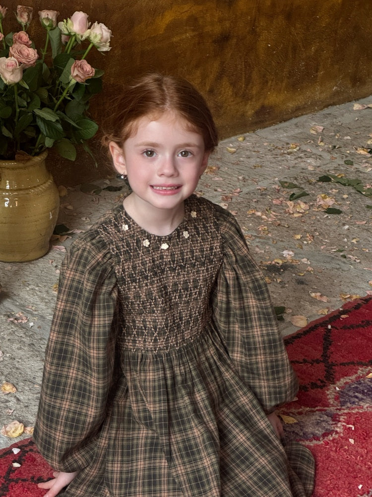 Girls Smocked Plaid Dress, Olive & Beige
