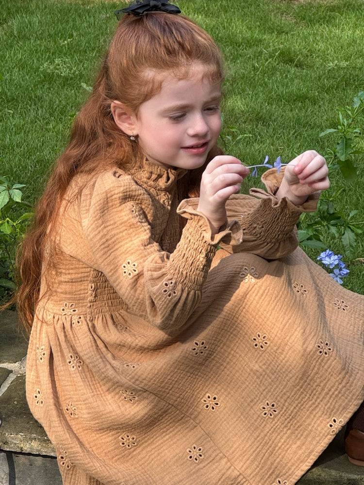 Girls Broderie Muslin Smocked Dress, Caramel