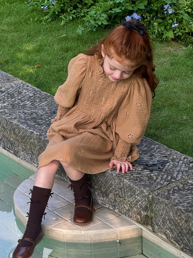 Girls Broderie Muslin Smocked Dress, Caramel