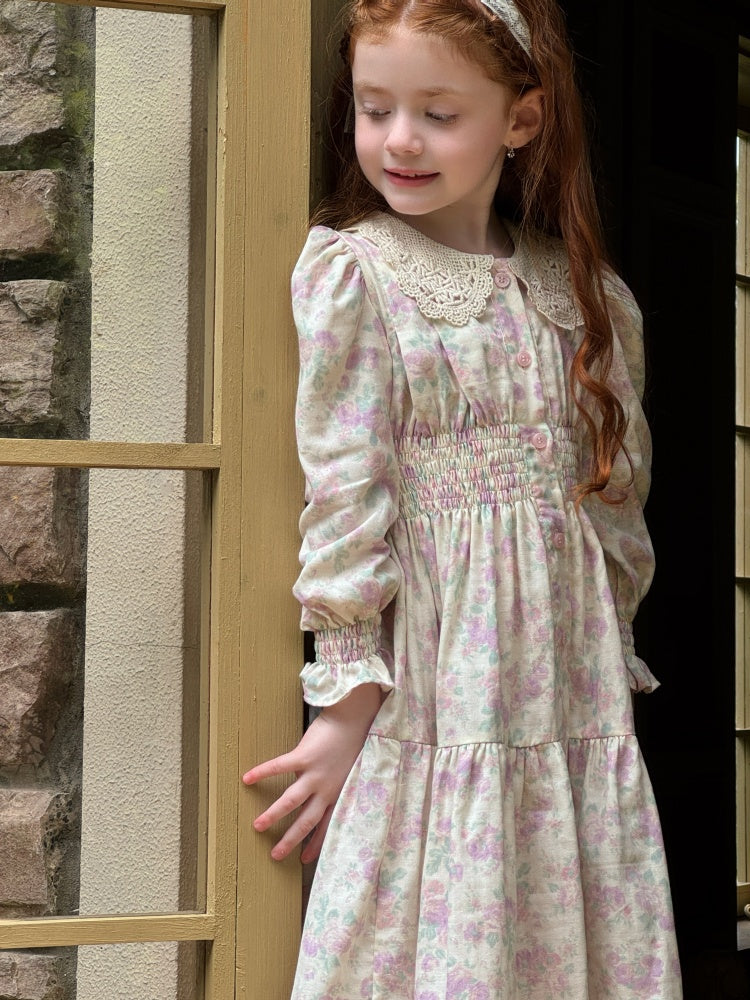 Girls Lace Collar Smocked Dress, Cream & Pastel Floral