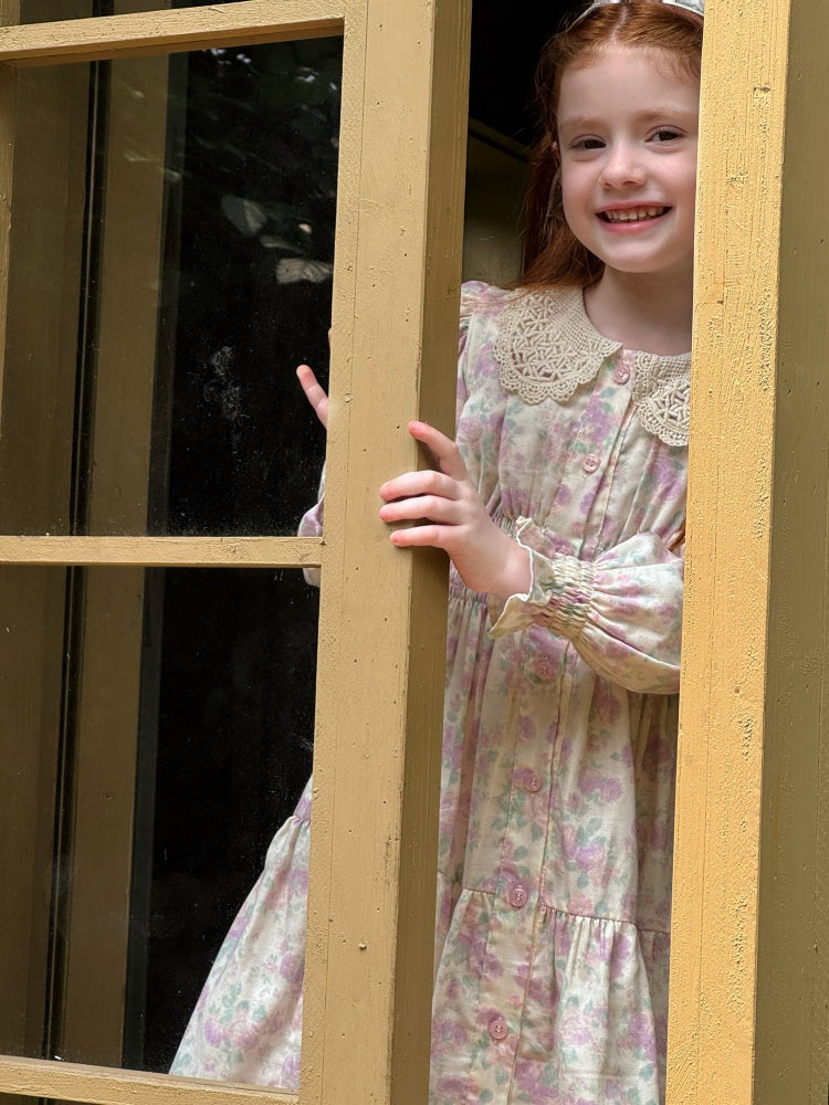 Girls Lace Collar Smocked Dress, Cream & Pastel Floral
